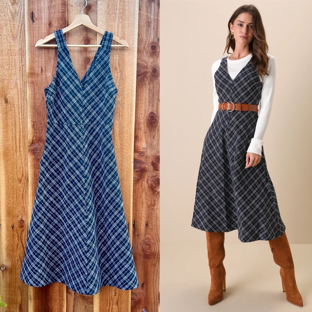 Navy Blue Plaid Tweed Midi Dress With Pockets 🌿